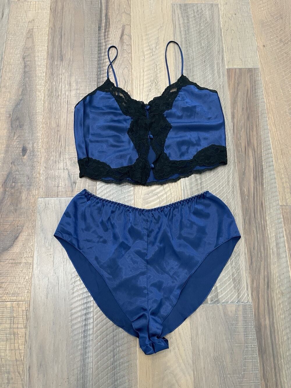 Vintage Victoria Secret Gold Label 2 Piece Pajama Lingerie Set Blue Black Small